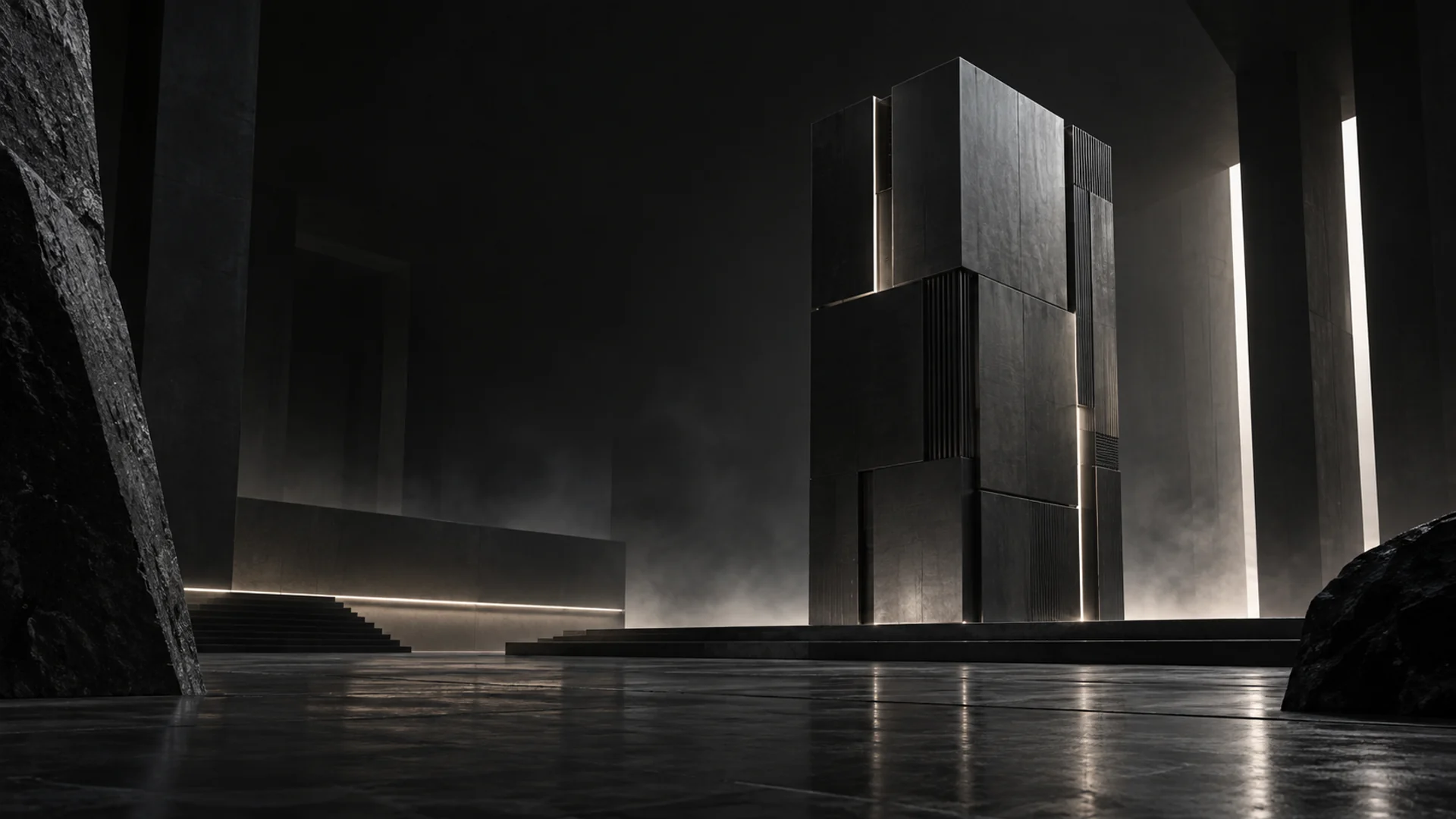 Black sculptural computing monolith in a monumental architectural hall