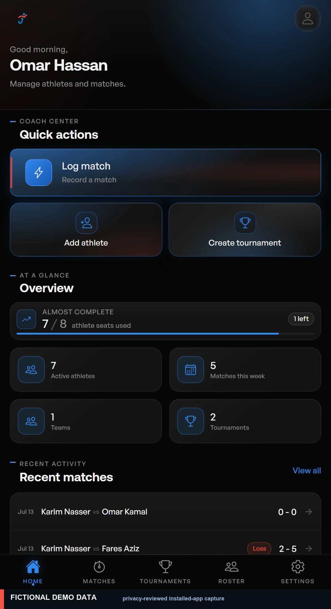 JAHIZ coach workspace with match recording, athletes, teams and tournament actions