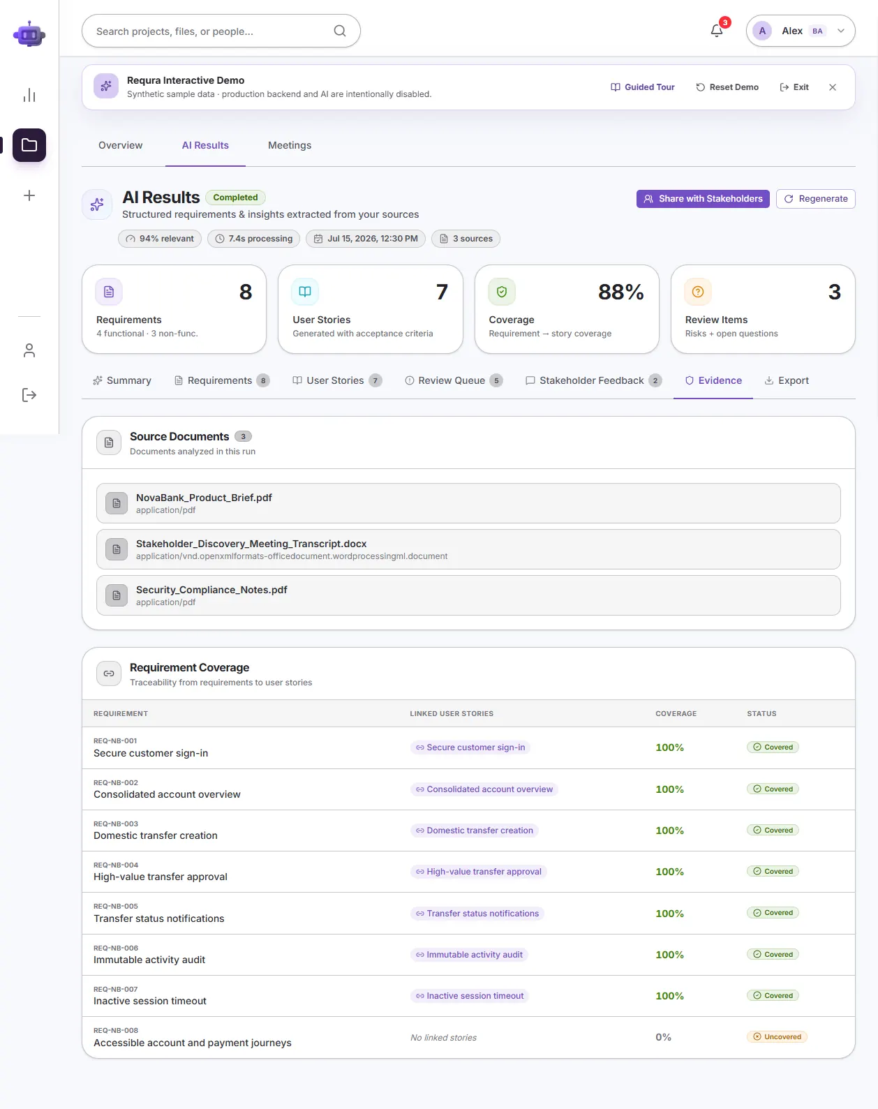 Requra.AI source traceability view linking a requirement to supporting project context