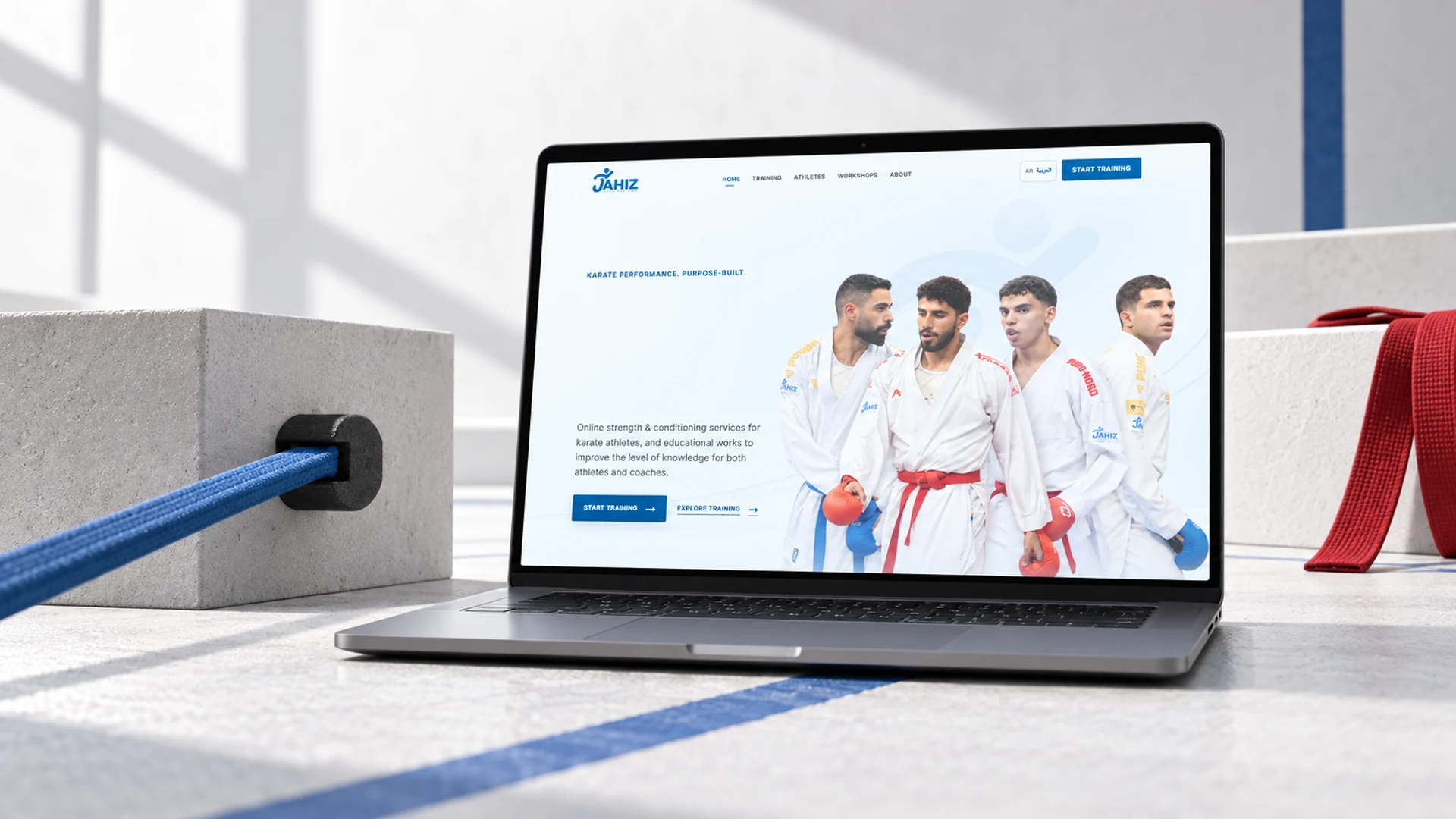 JAHIZBYyoi training platform staged in a sunlit karate studio