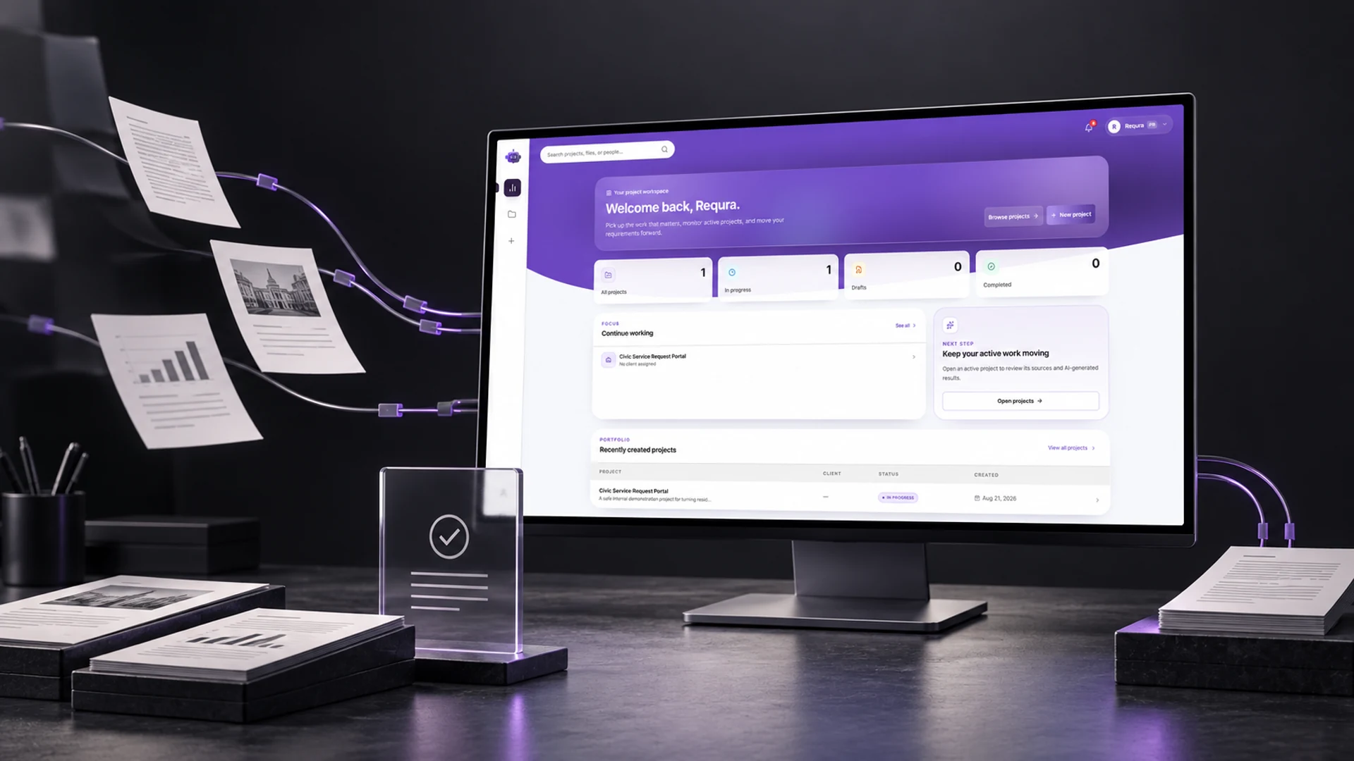 Requra requirements workspace staged in a cinematic document-analysis studio